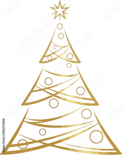 Elegant abstract golden line art Christmas tree design with star topper and minimalist ornaments isolated on white
