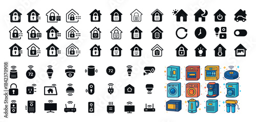 Smart home icons: connectivity, security, appliances, and automa