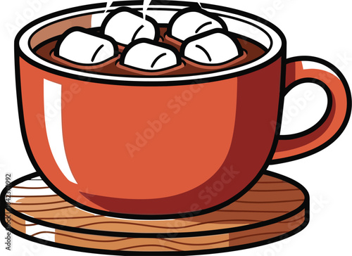 Steaming hot chocolate in a red mug topped with marshmallows rests on a wooden coaster illustration