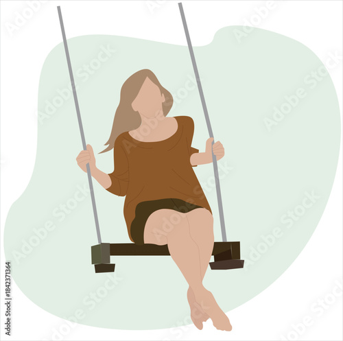 woman playing on a swing. Woman swinging outdoor flat vector illustration. Happy girl spending time in park or nature,