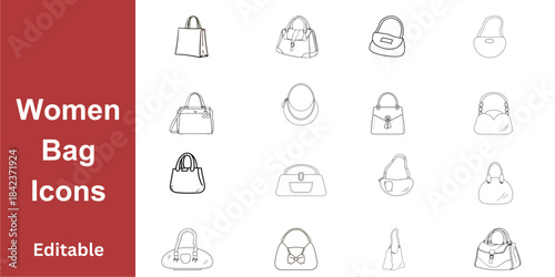 Assorted Handbag and Purse Icons (16 Count) for Product Categorization, Simple Shopping Graphics