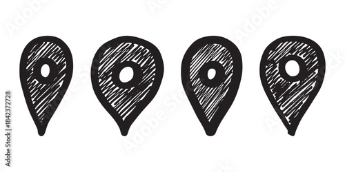 Set of hand drawn map pin Map marker pointer sign GPS and mapping tools Location pin symbol Pinpoint clipart in doodle style Single element for web, design