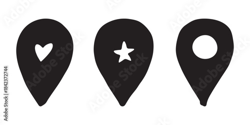 Set of hand drawn map pin Map marker pointer sign GPS and mapping tools Location pin symbol Pinpoint clipart in doodle style Single element for web, design