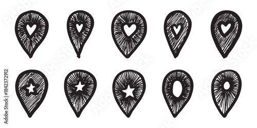 Set of hand drawn map pin Map marker pointer sign GPS and mapping tools Location pin symbol Pinpoint clipart in doodle style Single element for web, design