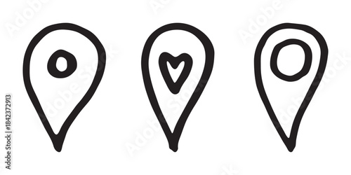 Set of hand drawn map pin Map marker pointer sign GPS and mapping tools Location pin symbol Pinpoint clipart in doodle style Single element for web, design