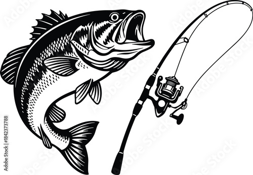 Aggressive Black and White Graphic Illustration of a Largemouth Bass Leaping Alongside a Detailed Spinning Fishing Rod and Reel for Outdoor Sport Design