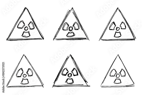 Set of hand drawn radiation sign Nuclear radiation hazard symbol Radioactive danger warning doodle Radioactive waste Single element for print, web, design, decor