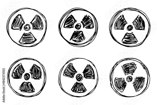 Set of hand drawn radiation sign Nuclear radiation hazard symbol Radioactive danger warning doodle Radioactive waste Single element for print, web, design, decor