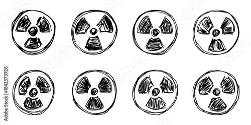 Set of hand drawn radiation sign Nuclear radiation hazard symbol Radioactive danger warning doodle Radioactive waste Single element for print, web, design, decor