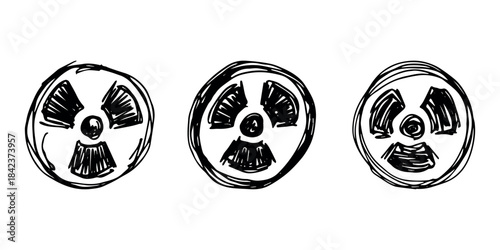 Set of hand drawn radiation sign Nuclear radiation hazard symbol Radioactive danger warning doodle Radioactive waste Single element for print, web, design, decor