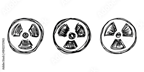 Set of hand drawn radiation sign Nuclear radiation hazard symbol Radioactive danger warning doodle Radioactive waste Single element for print, web, design, decor