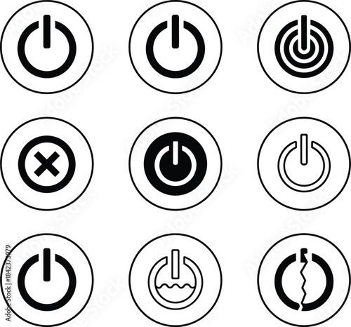 Collection of Power Icons, On/Off, Standby, and Shutdown Symbols, Including Malfunction and Cancel, for Digital Interface and Technology