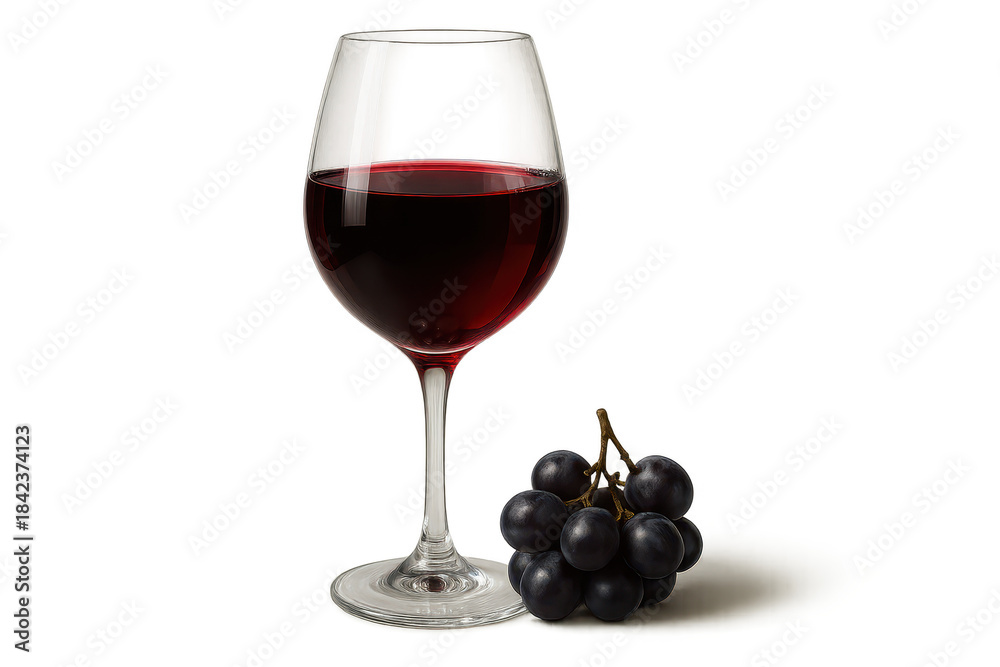 Fototapeta premium Wine glass with red wine, grapes on transparent background image.