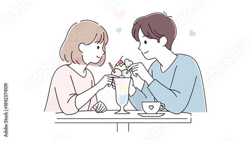 Sweet Moment Sharing Dessert: An illustrated couple tenderly shares a sundae, capturing a moment of sweet connection and affection.
