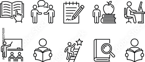 Education icon set, student learning graphic, classroom teaching symbol, academic achievement badge, online study illustration, research interface element