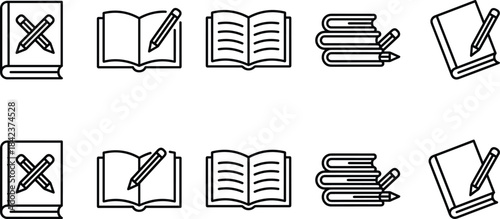 Education icons, book and pencil, study symbol, writing tools, academic material, outline style, learning graphic, school, reading, desk