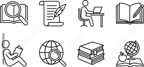 Education icons, research symbol, online learning, reading book, globe study, academic tools, writing scroll, pencil note, school material, outline