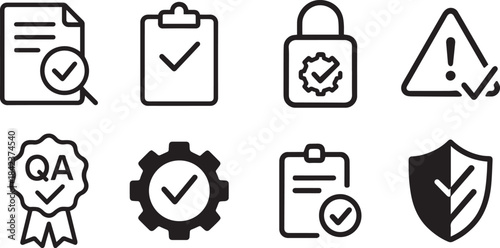 QA icon set, security verification icons, checklist and shield icons, document review icons, Security and alert icon set. essential notifications, qa symbols in outline style, secure settings icons