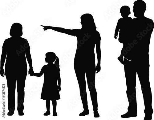 Family interaction silhouette, group communication, black figures, parenting gesture, child engagement, white background, social connection illustration