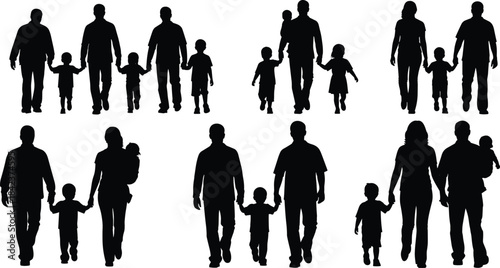 Family silhouette illustration, diverse groupings, parents and children, black and white art, caregiving roles, emotional bond, peaceful composition
