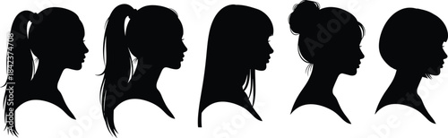 Female hairstyle silhouettes, profile variation, black illustration, ponytail bun bob, fashion concept, white background, beauty design reference