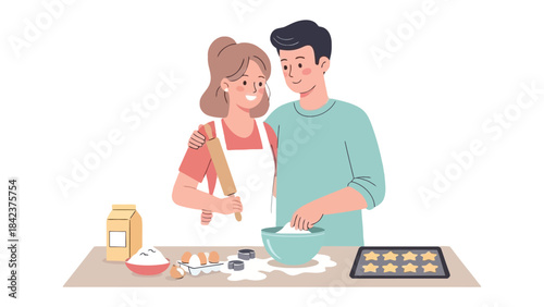 Cozy Moments of Baking: A loving couple shares a sweet moment baking together, rolling out dough and preparing star-shaped cookies, a warm scene of togetherness and culinary delight.