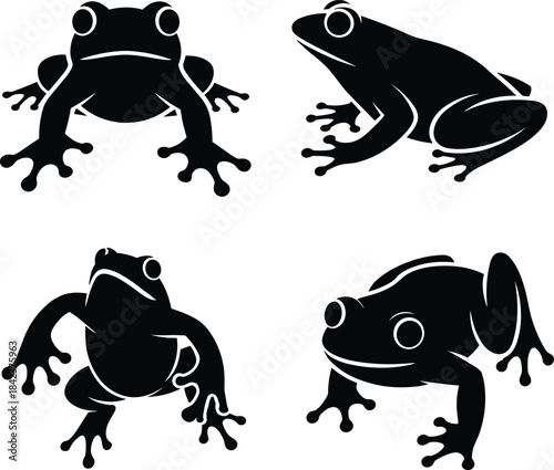 Frog silhouette collection, stylized amphibian poses, black vector frogs, jumping, crouching, climbing, isolated animal illustrations, wildlife art