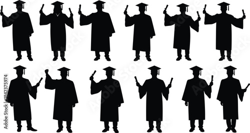 Graduation silhouettes celebrating academic success, students holding diplomas in caps and gowns, education achievement ceremony, university college celebration