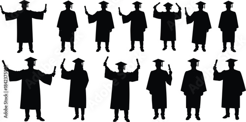 Graduation silhouettes group celebrating academic milestone, students raising diplomas in caps and gowns, joyful education success ceremony event