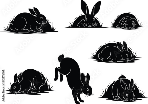 Rabbit silhouette collection, multiple poses with burrow interaction, animal wildlife illustration, bunny movement, pet design, nature concept, jumping hare