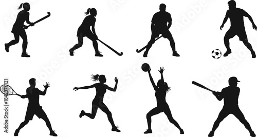 Silhouette athletes playing basketball, soccer, tennis, baseball, field hockey, ice hockey, running, sports action poses, teamwork, competition, exercise