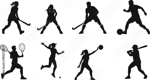 Silhouette athletes playing basketball, soccer, tennis, baseball, field hockey, running, sports action poses, teamwork, competition, fitness exercise