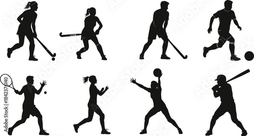 Silhouette athletes playing basketball, soccer, tennis, baseball, field hockey, running, volleyball, sports action poses, teamwork, competition, exercise