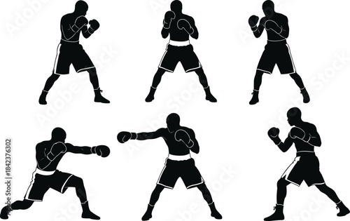 Silhouette boxers training, punching, fighting, sparring, martial arts, fitness workout, combat sports poses, strength exercise, athletic movement