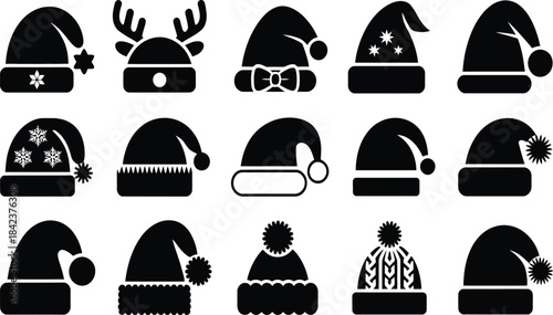 Christmas winter hat icon set, Santa Claus hats, reindeer antler headband, festive beanie silhouettes, holiday season vector design, isolated illustration