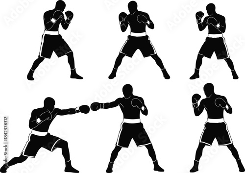 Silhouette boxers sparring, punching, training, fighting, martial arts, combat sports poses, fitness workout, strength exercise, athletic movement, action