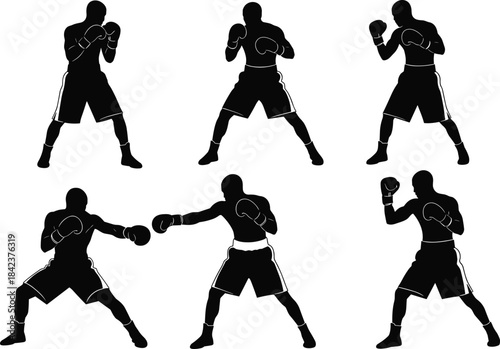 Silhouette boxers training, punching, sparring, fighting, martial arts, combat sports poses,