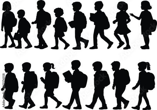 Silhouette children walking with backpacks and books, school commute, student lifestyle, education journey, daily routine, academic illustration design