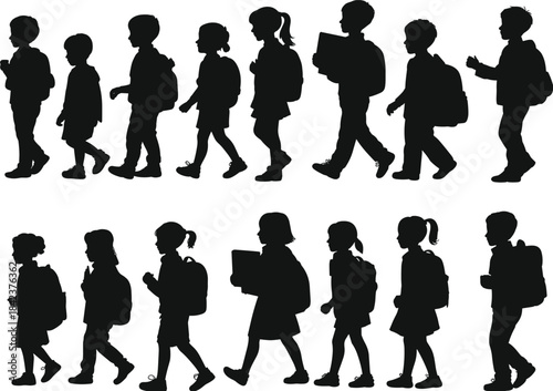 Silhouette children walking with backpacks and books, school commute, educational routine, student lifestyle, academic journey, childhood learning illustration