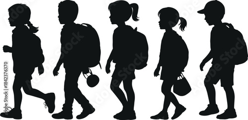 Silhouette children walking with backpacks, school kids group illustration, educational lifestyle concept, student journey, teamwork, learning, friendship