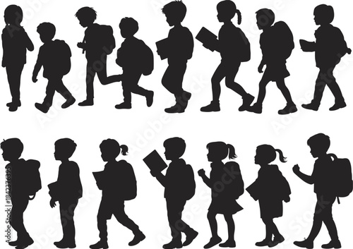 Silhouette children walking with backpacks and books, student commute, daily school routine, academic lifestyle, education journey, childhood illustration
