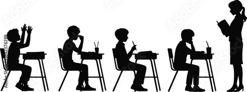 Silhouette classroom scene with teacher and students at desks, education concept, academic lifestyle, learning activity, school illustration