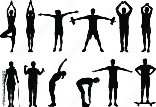 Silhouette fitness poses with yoga, stretching, dumbbell training, balance exercises, physical therapy movements, healthy lifestyle, workout illustration