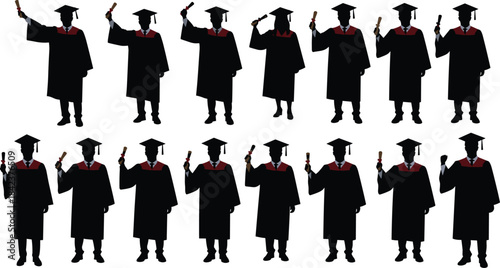 Silhouette graduation ceremony, students in caps and gowns, holding diplomas, academic success, education achievement, university celebration, school milestone, proud graduates