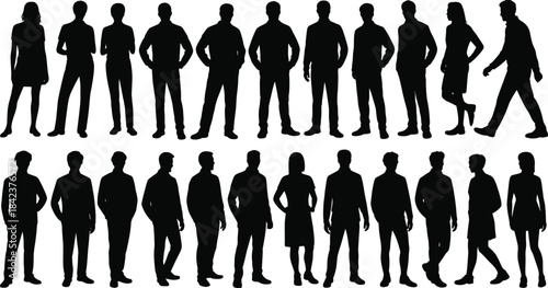 Silhouette group of diverse people standing in various poses, human body language, lifestyle concept, demographic diversity artistic illustration