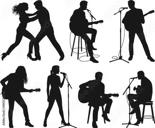 Silhouette musicians and dancers performing with guitars and microphones, live entertainment, artistic stage performance, music lifestyle creative illustration