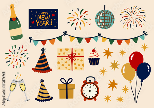 New Year Celebration Elements in Flat Hand-Drawn Style for Festive Designs
