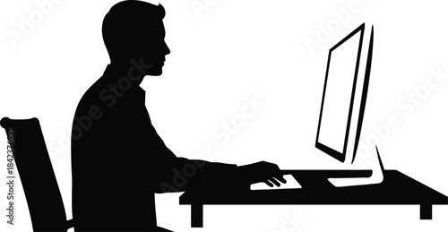 Silhouette office worker at desk with computer, business workspace, remote work, productivity, technology, workplace ergonomics, job scene