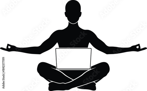 Silhouette person meditating with laptop, mindfulness and technology balance, digital lifestyle, relaxation, wellness, remote work, harmony concept