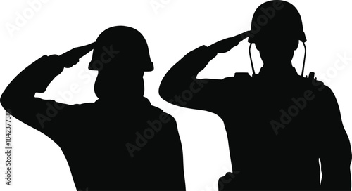 Silhouette soldiers saluting in military helmets, respect honor illustration, armed forces concept, patriotism, service recognition, defense duty, national pride